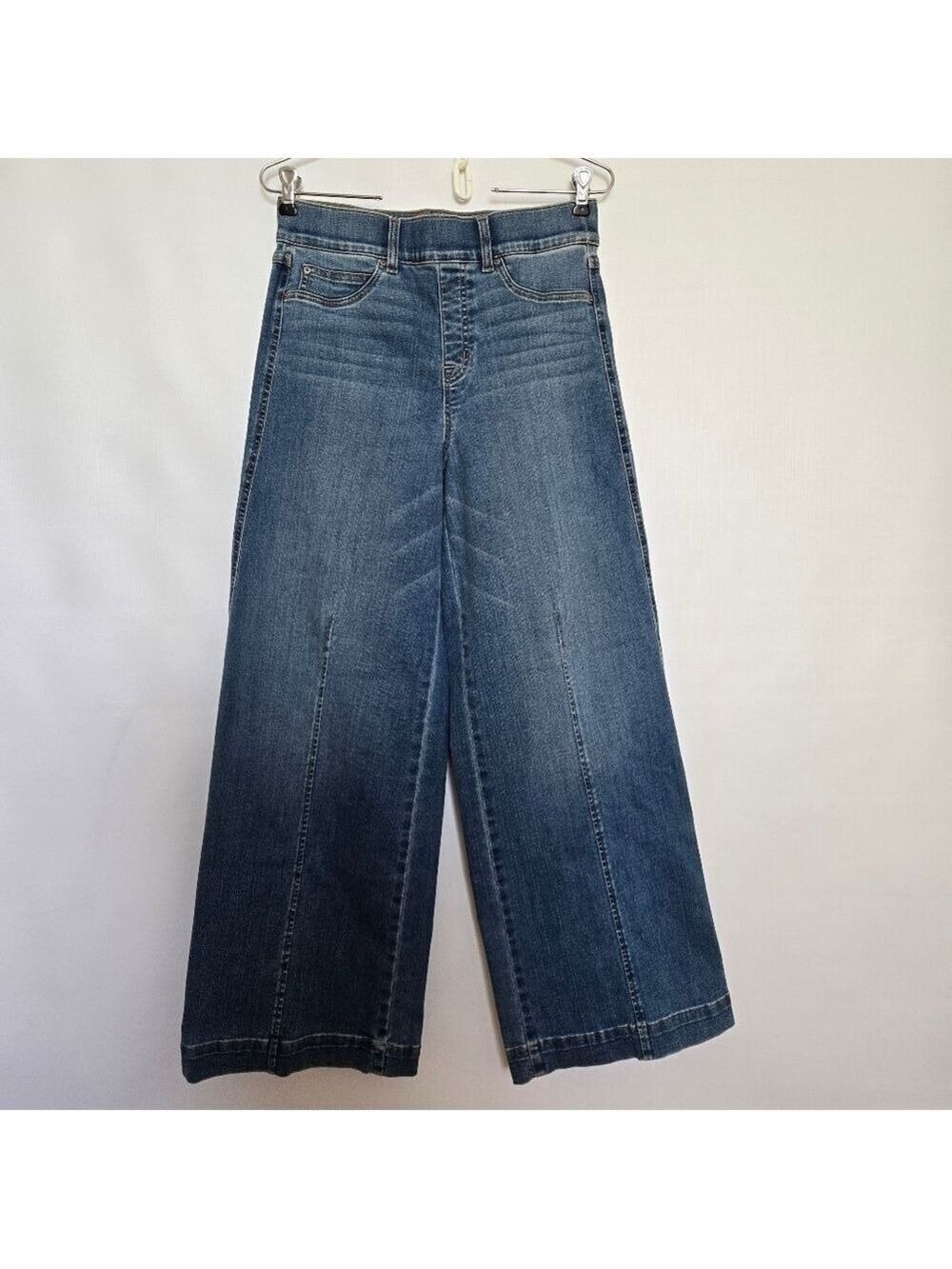 SPANX JEANS WOMENS MEDIUM WIDE LEG PULL-ON SEAMED FRONT HIGH RISE MED WASH BLUE